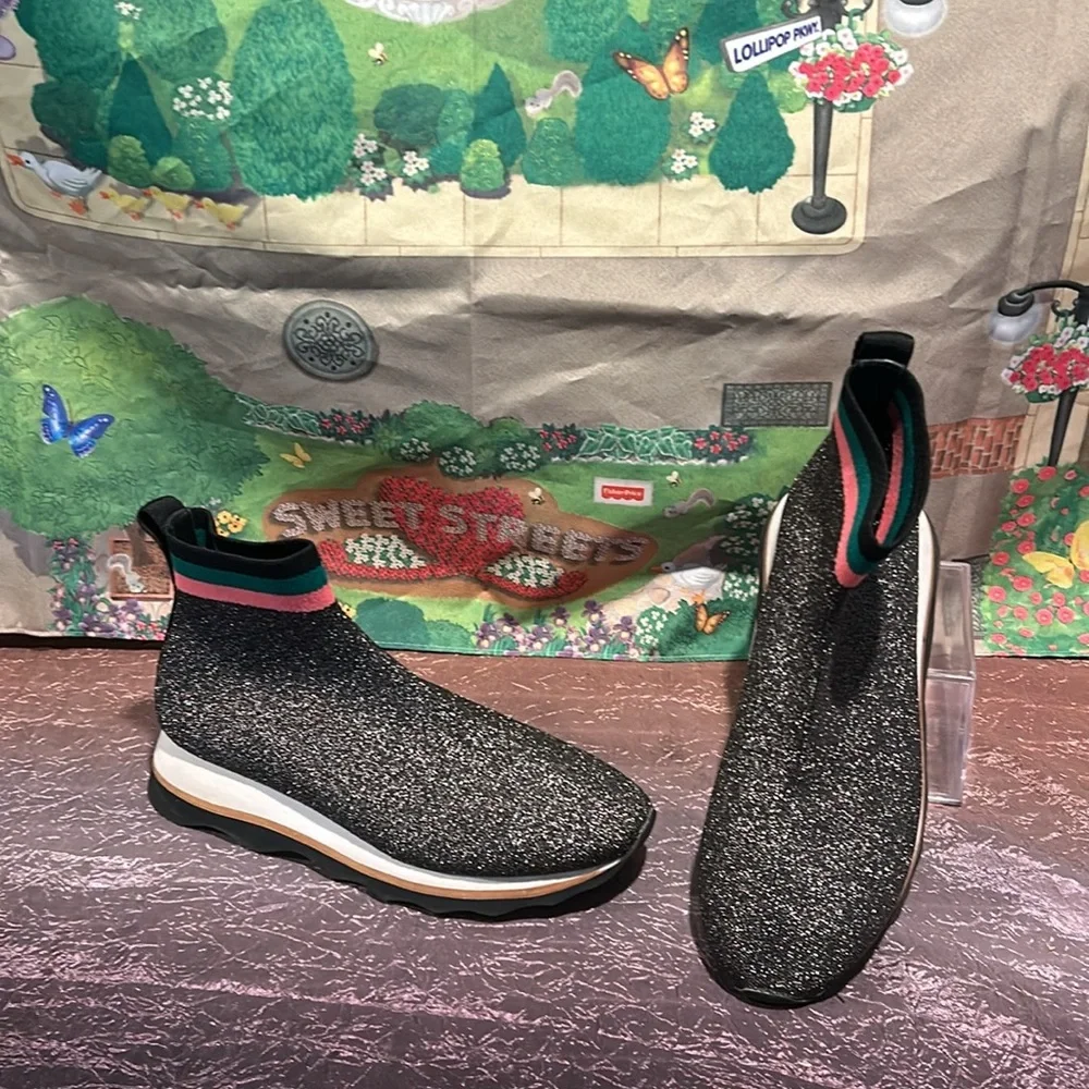 Loeffler Randall Seal Black‎ Glitter Pull on Sock Boots Booties